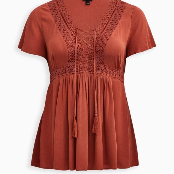 Torrid-NWT Babydoll Crinkle Gauze Crochet Inset Lace-Up Top - Picture 1 of 12